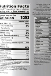 Nutrition facts for Now Foods Whey Protein Isolate, highlighting protein content and BCAA benefits.